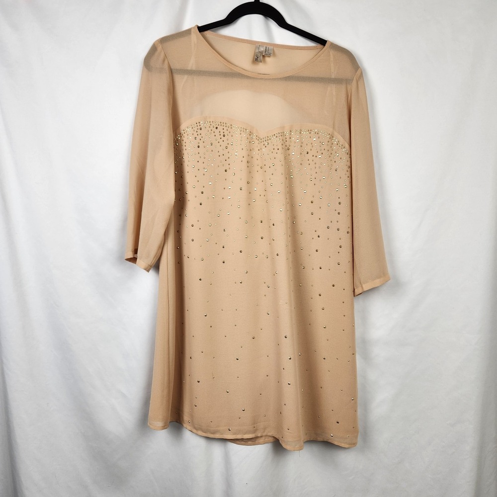Forever 21 Exclusive Womens Long Mesh Sleeve‎ Mini Dress Sequin Beige Size L